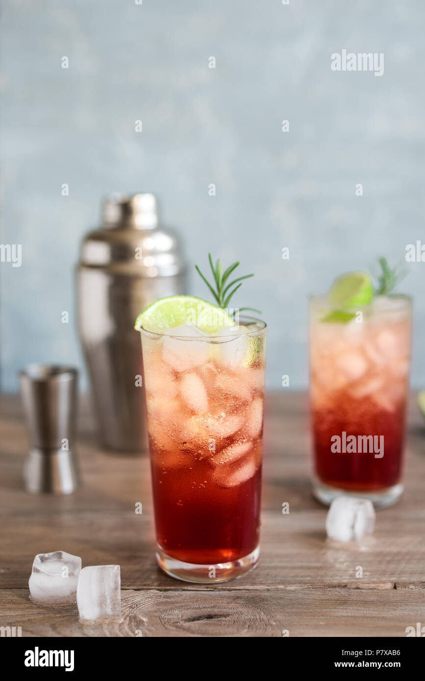 Sloe Gin Fizz Cocktail. Pink cold alcohol drink with ice, lime and soda
