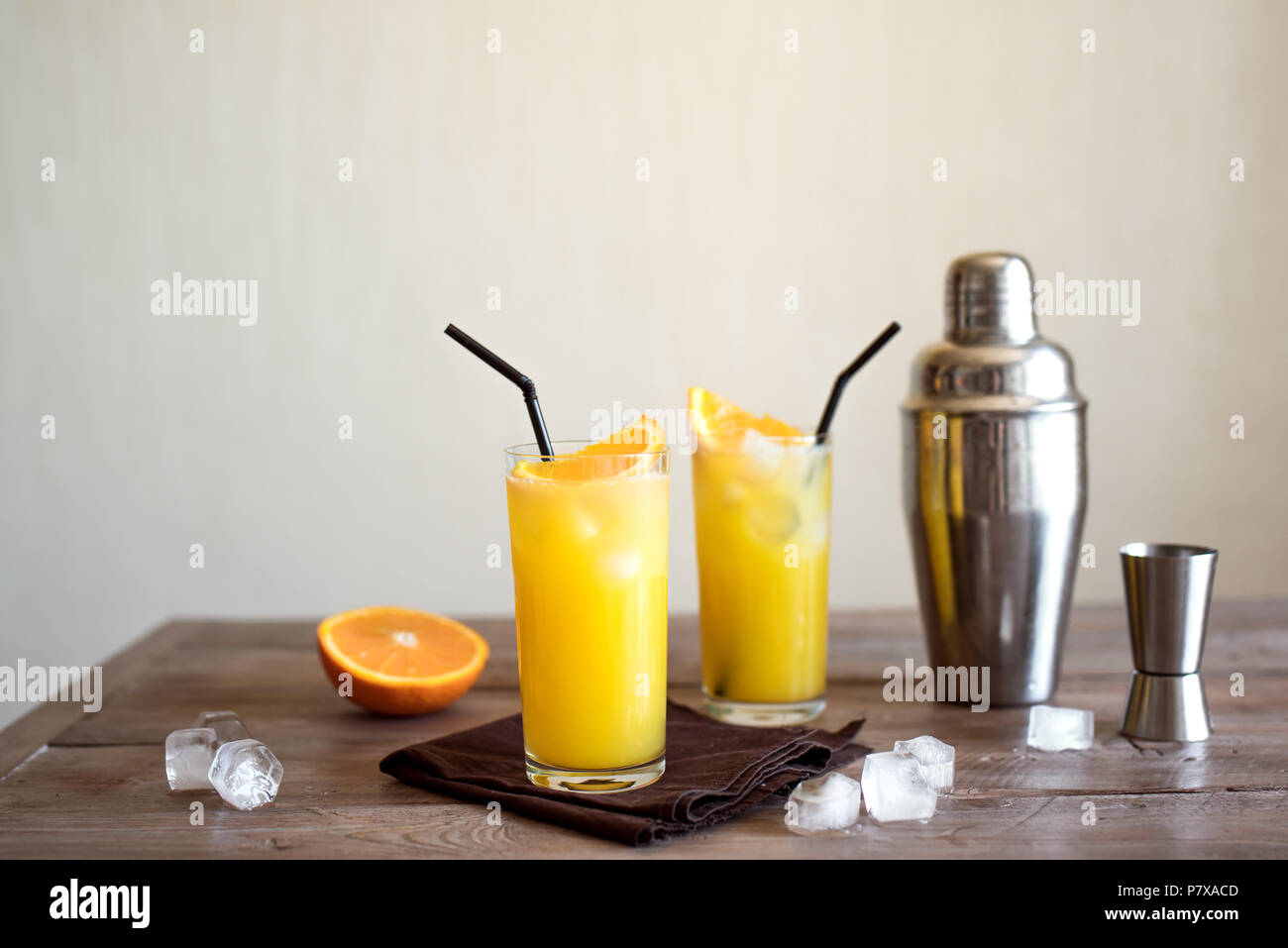 Screwdriver Cocktail with vodka, ice and orange juice. Homemade