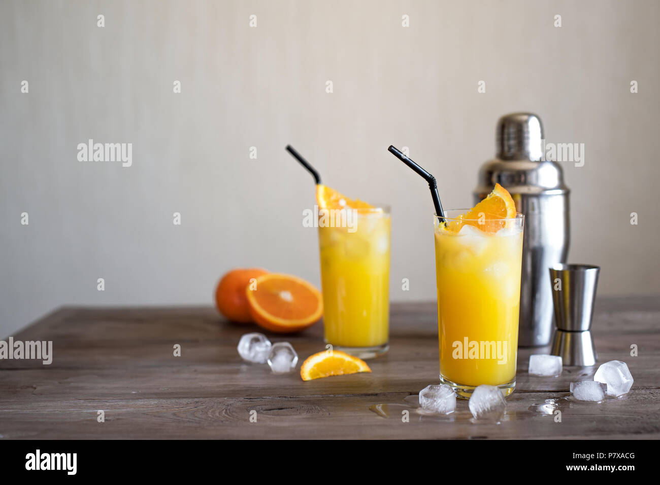 Screwdriver Cocktail with vodka, ice and orange juice. Homemade