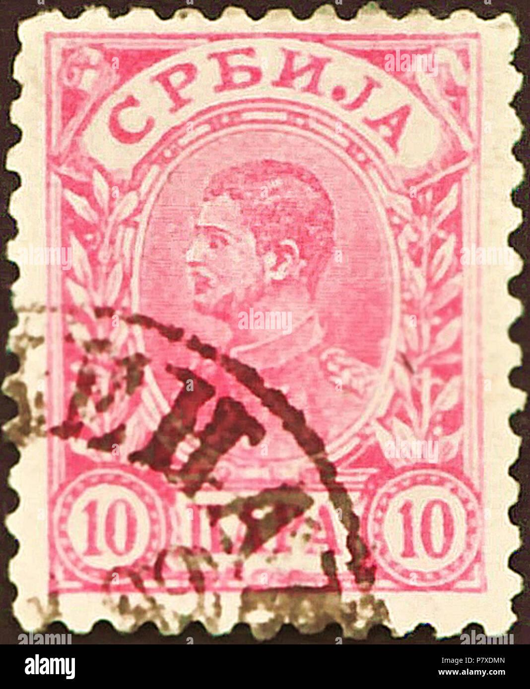 Stamp of the Kingdom of Serbia; 1894; definitive stamp of the issue 'King Alexander I'; type 'B' = perforation 11½ (K or L); postmarked Stamp: Michel: No. 36B; Yvert & Tellier: No. 42B; Scott: No. 41 Color: rose to carmine rose on granite paper Watermark: none Nominal value: 10 Para Postage validity: from 5 November 1894 until 1903 Stamp picture size (printed area): 16.5 x 21.5 mm . 5 November 1894 (first issue day of the stamp) 352 SRB 1894 MiNr036B pm B002a Stock Photo
