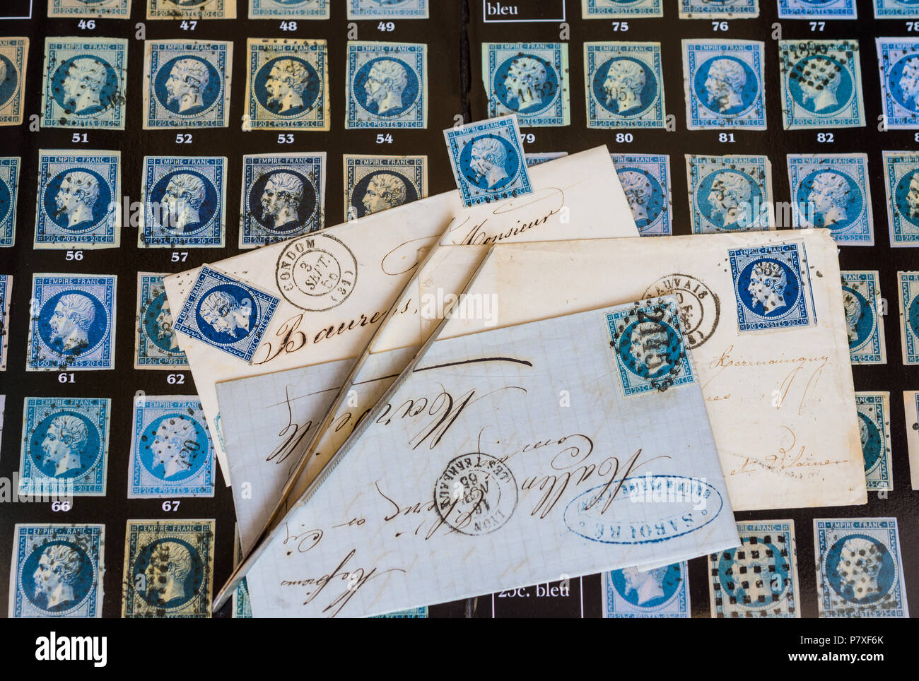 French 'nuancier' colour chart with 185070s Napoleon postage stamps