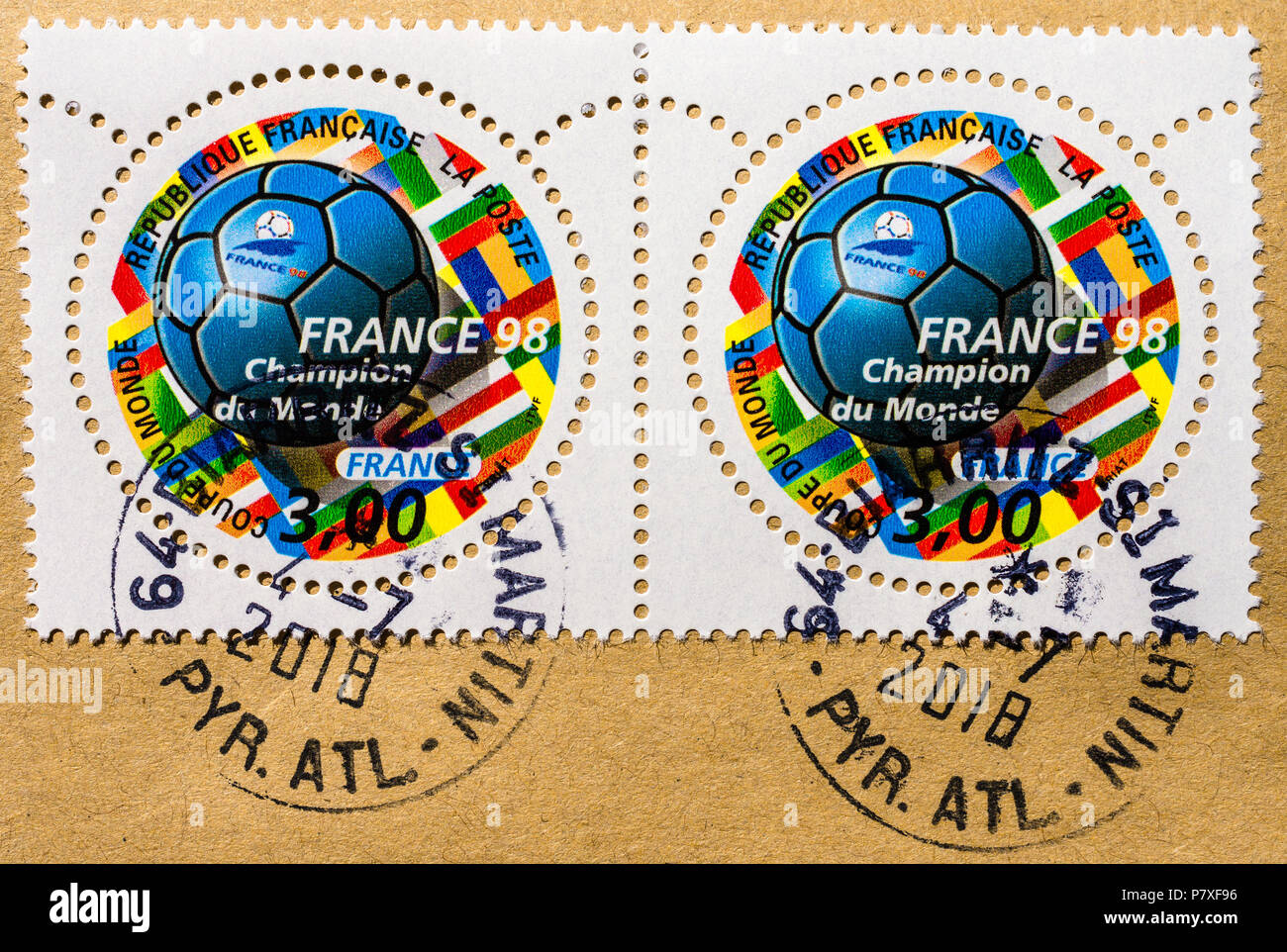 Pair of French 1998 World Cup Winners stamps used in 2018. Stock Photo