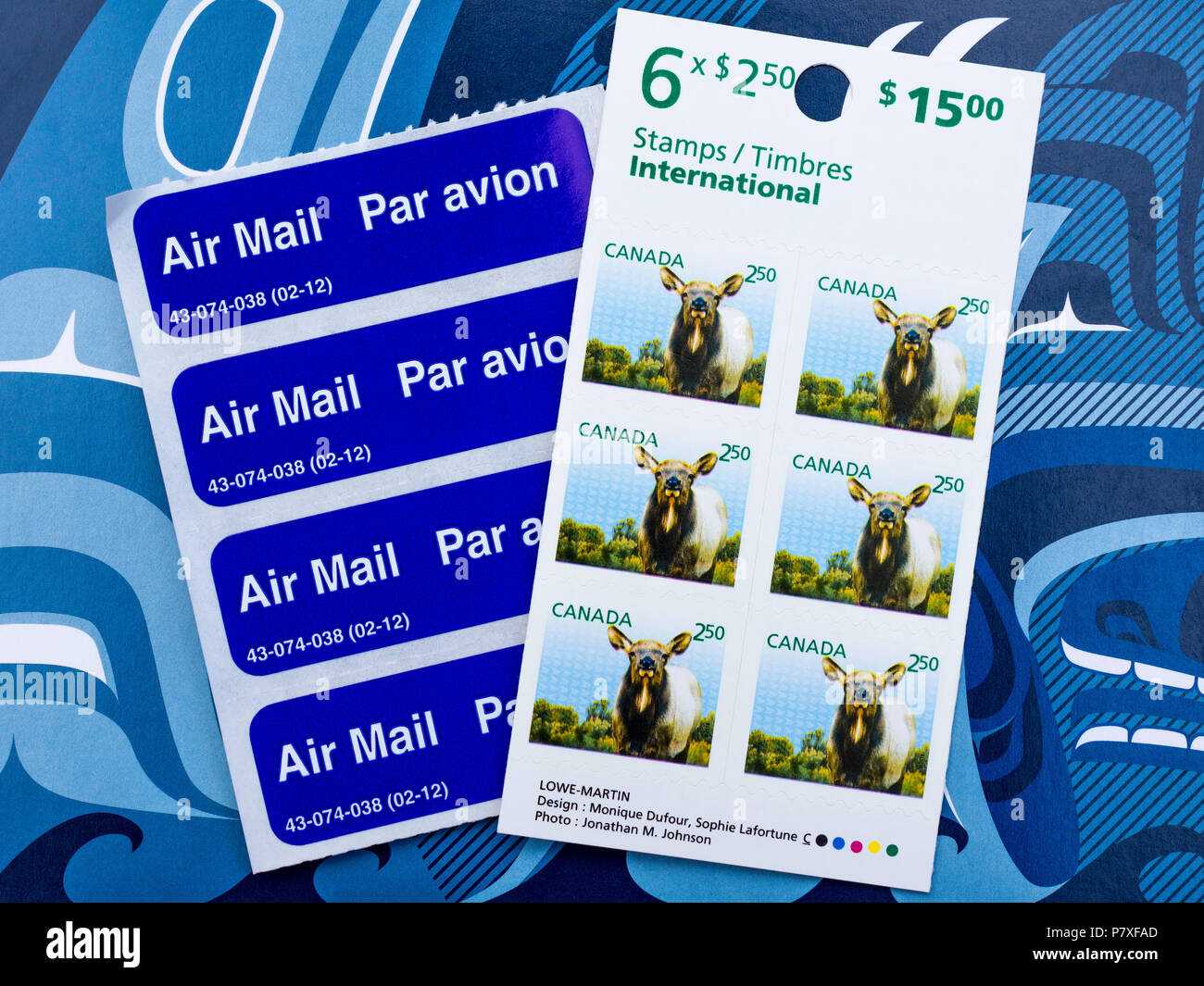 Sheet of Canadian self-adhesive stamps for international use. Stock Photo