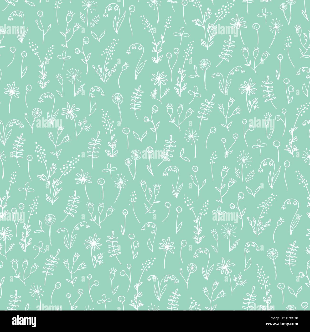 White Hand Drawn Doodle Floral on Mint Background Vector Seamless Pattern. Cute Meadow Flowers and Leaves Silhouettes. Line Drawing Allover Background Stock Vector