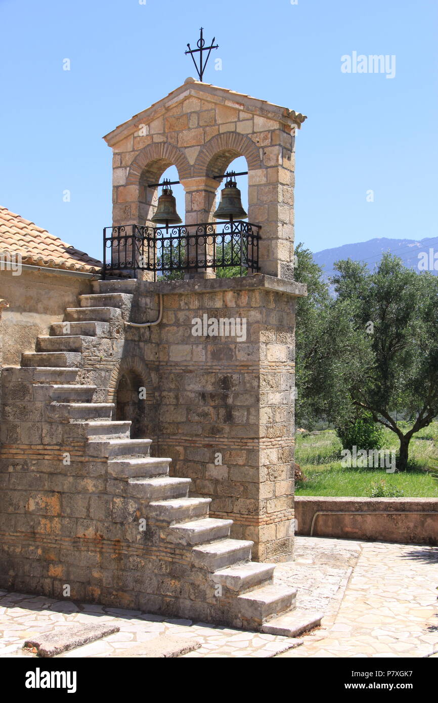 Bell tower of the old Agios Andreas monastery at Peratata on the island of Kefalonia, GRECCE, PETER GRANT Stock Photo