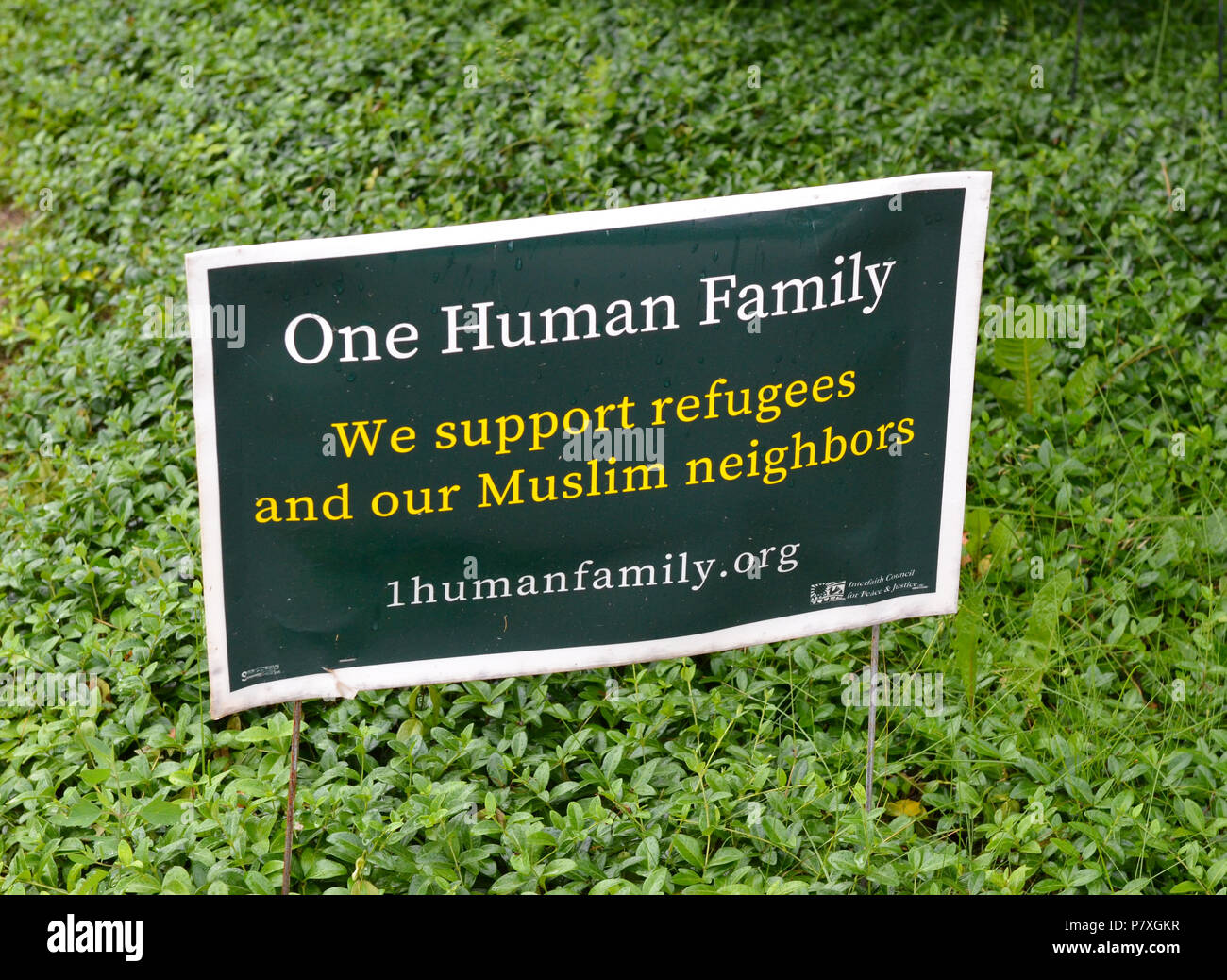 ANN ARBOR, MI / USA - JUNE 9, 2018:  One Human Family sign supporting refugees and Muslim neighbors on a yard. Stock Photo