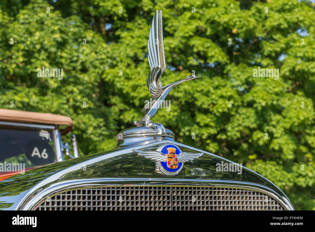 GROSSE POINTE SHORES, MI/USA - JUNE 17, 2018: Close-up of a 1932 Cadillac V-12 Dual Cowl Swan hood ornament at the EyesOn Design show, near Detroit. Stock Photo