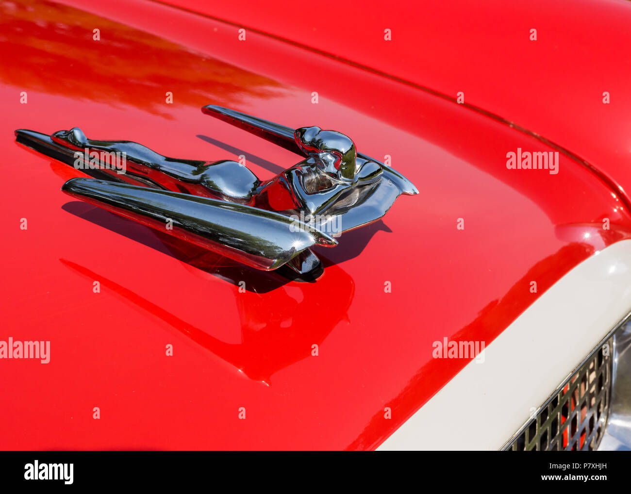 GROSSE POINTE SHORES, MI/USA - JUNE 17, 2018: Close-up of a 1959 Nash Metropolitan Flying Lady hood ornament at the EyesOn Design show, near Detroit. Stock Photo
