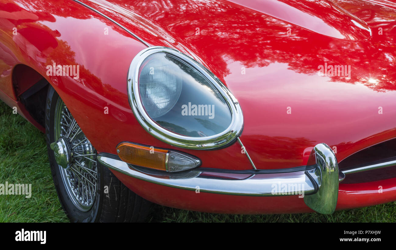 GROSSE POINTE SHORES, MI/USA - JUNE 17, 2018: Close-up of a 1963 Jaguar E-Type recessed headlight at the EyesOn Design show, near Detroit, Michigan. Stock Photo