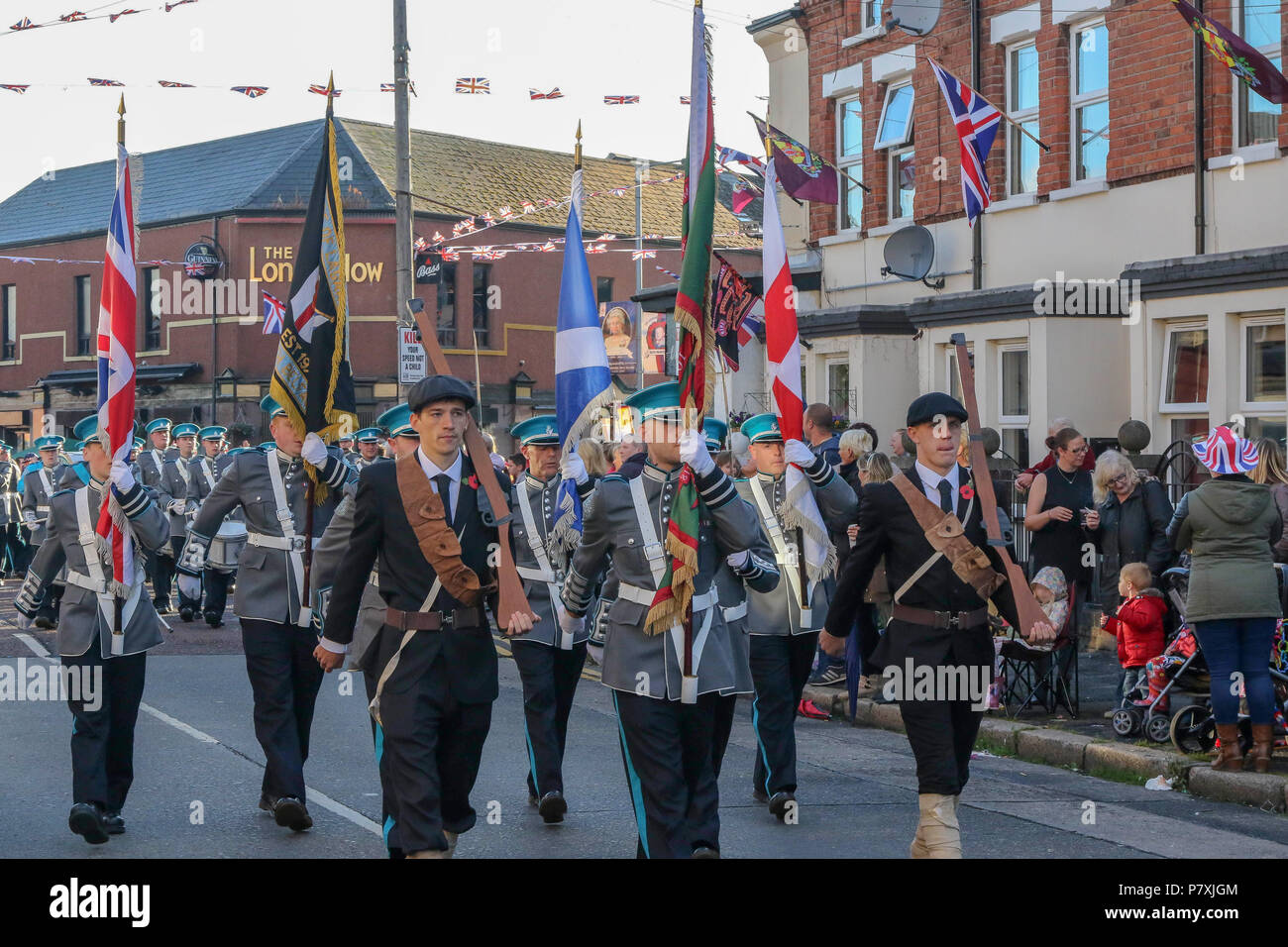 01 July 2016 – Orange Order Parade in Belfast marking the anniversary of the battle of the Somme. This is the Ballymacarrett and No 6 District Parade in east Belfast. Each year throughout Northern Ireland the Orange Order hold a number of parades and church services to mark the anniversary of the Battle of the Somme given its immense impact back then on the province  - lodges and bands parade watched by large crowds each year. Stock Photo