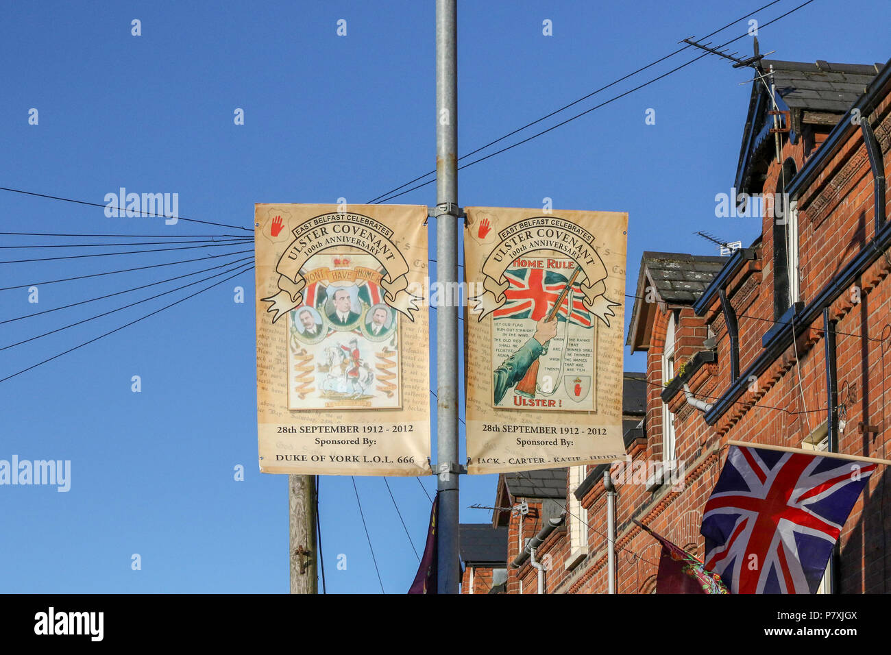 The Union jack and unionist signs relating to the Ulster Covenant signed in 1912. Stock Photo