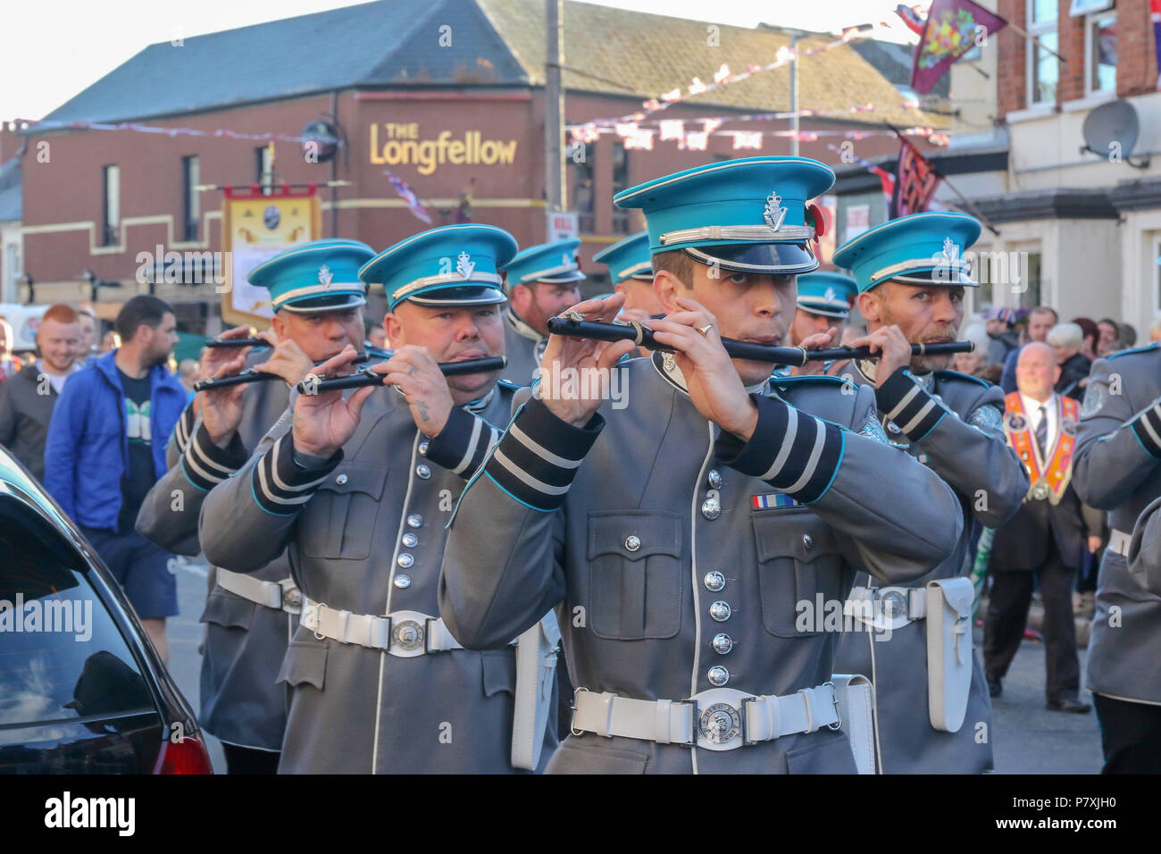 01 July 2016 – Orange Order Parade in Belfast marking the anniversary of the battle of the Somme. This is the Ballymacarrett and No 6 District Parade in east Belfast. Each year throughout Northern Ireland the Orange Order hold a number of parades and church services to mark the anniversary of the Battle of the Somme given its immense impact back then on the province  - lodges and bands parade watched by large crowds each year. Stock Photo