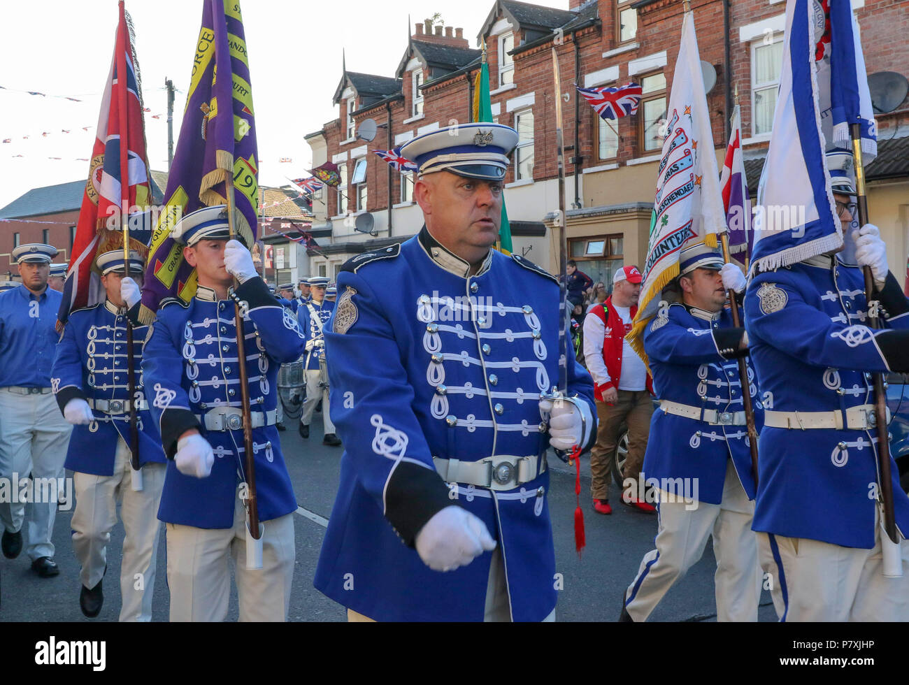 01 July 2016 – Orange Order Parade in Belfast marking the anniversary of the battle of the Somme. This is the Ballymacarrett and No 6 District Parade in east Belfast. Each year throughout Northern Ireland the Orange Order hold a number of parades and church services to mark the anniversary of the Battle of the Somme given its immense impact back then on the province  - lodges and bands parade watched by large crowds each year. Stock Photo