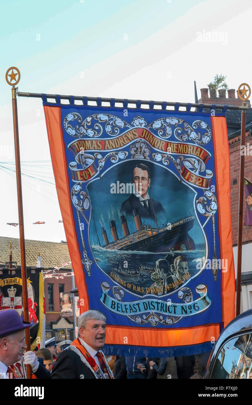 01 July 2016 – Orange Order Parade in Belfast marking the anniversary of the battle of the Somme. This is the Ballymacarrett and No 6 District Parade in east Belfast. Each year throughout Northern Ireland the Orange Order hold a number of parades and church services to mark the anniversary of the Battle of the Somme given its immense impact back then on the province  - lodges and bands parade watched by large crowds each year. Stock Photo