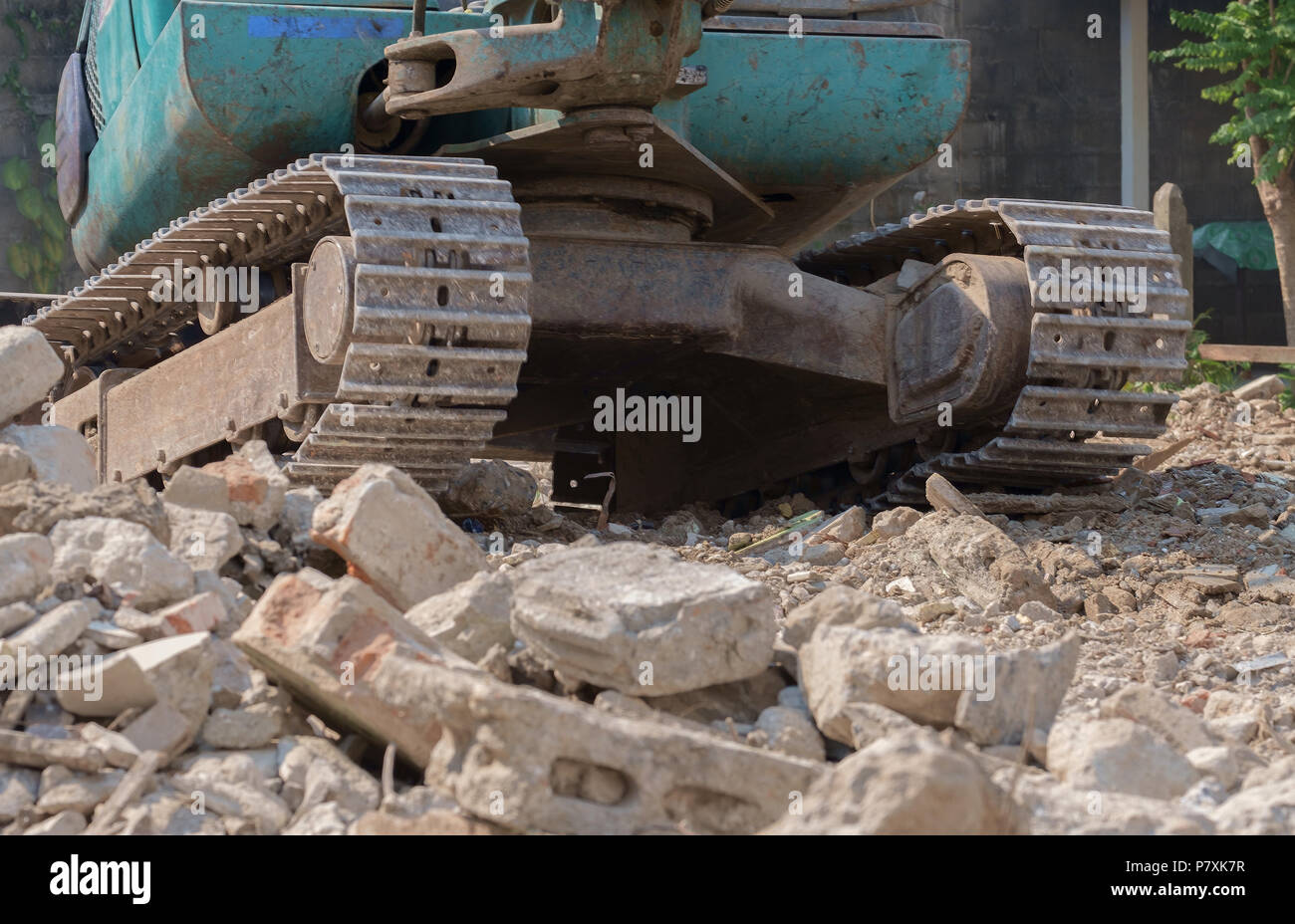 View of excavator track working in construction site. Movement. Stock Photo