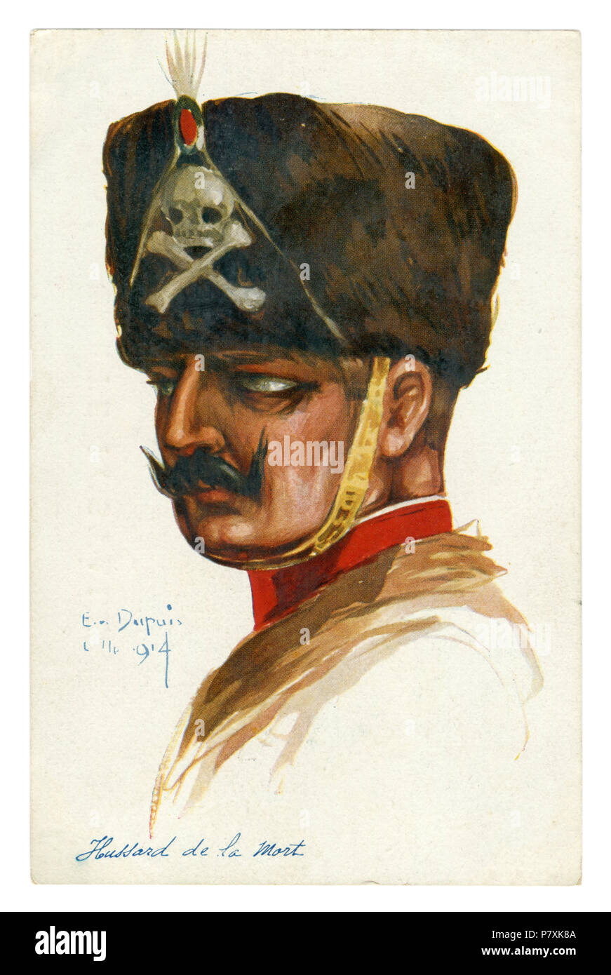 French historical postcard: The Prussian cavalry, hussars of death (Totenkopfhusaren), symbol of a death's head on a fur hat. world war one 1914-1918 Stock Photo