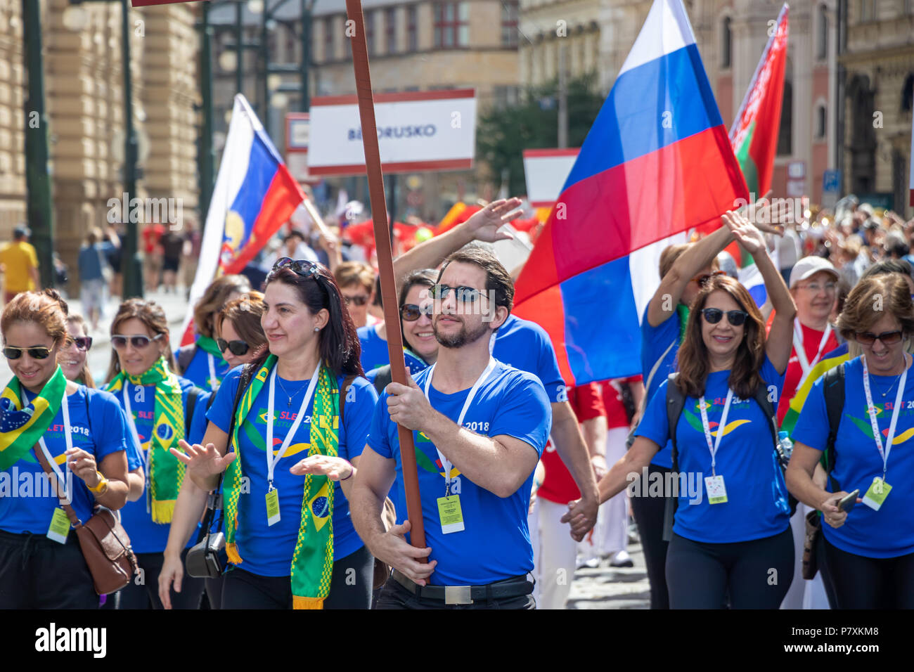 PRAGUE, CZECH REPUBLIC - JULY 1, 2018: Brazilian visitors parading at Sokolsky Slet, a once-every-six-years gathering of the Sokol movement - a Czech  Stock Photo