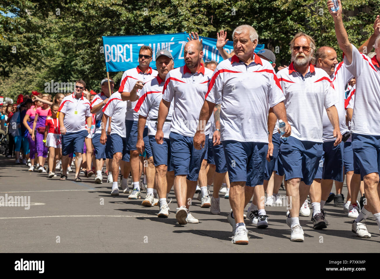 PRAGUE, CZECH REPUBLIC - JULY 1, 2018: Men parading at Sokolsky Slet, a once-every-six-years gathering of the Sokol movement - a Czech sports associat Stock Photo