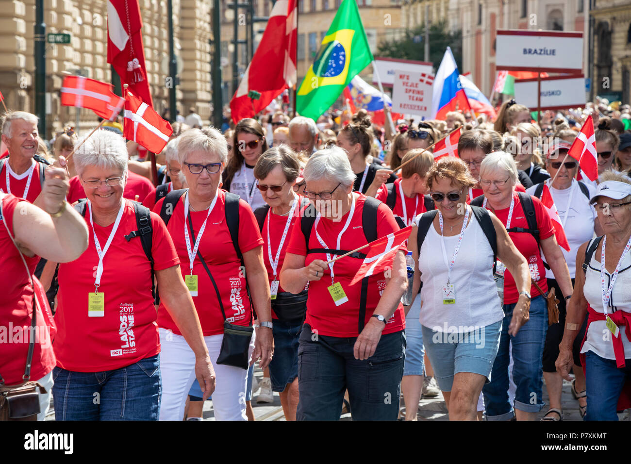 PRAGUE, CZECH REPUBLIC - JULY 1, 2018: Swiss visitors parading at Sokolsky Slet, a once-every-six-years gathering of the Sokol movement - a Czech spor Stock Photo