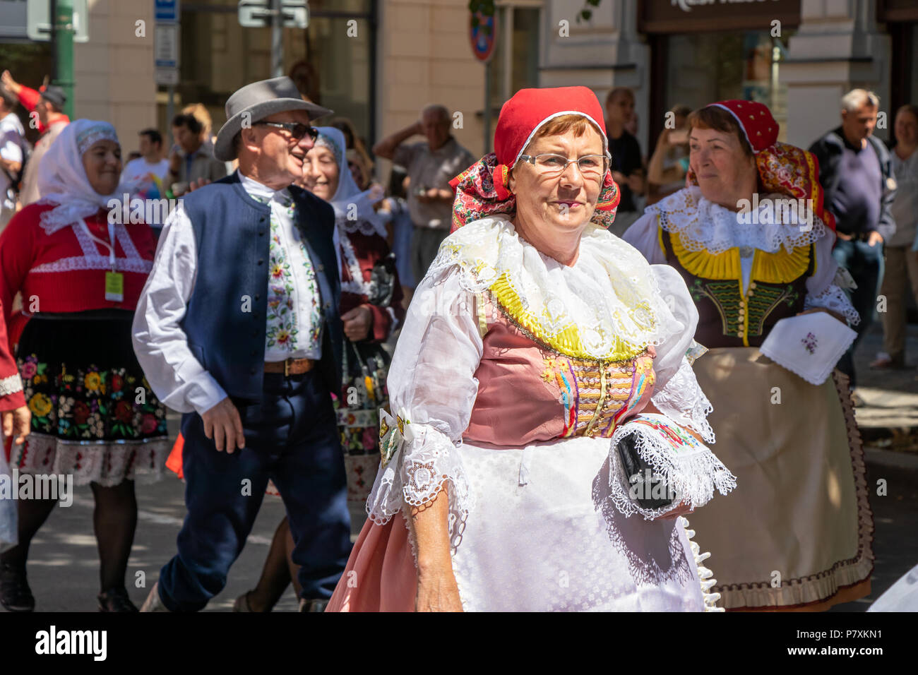 PRAGUE, CZECH REPUBLIC - JULY 1, 2018: People in folk costumes at Sokolsky Slet, a once-every-six-years gathering of the Sokol movement - a Czech spor Stock Photo
