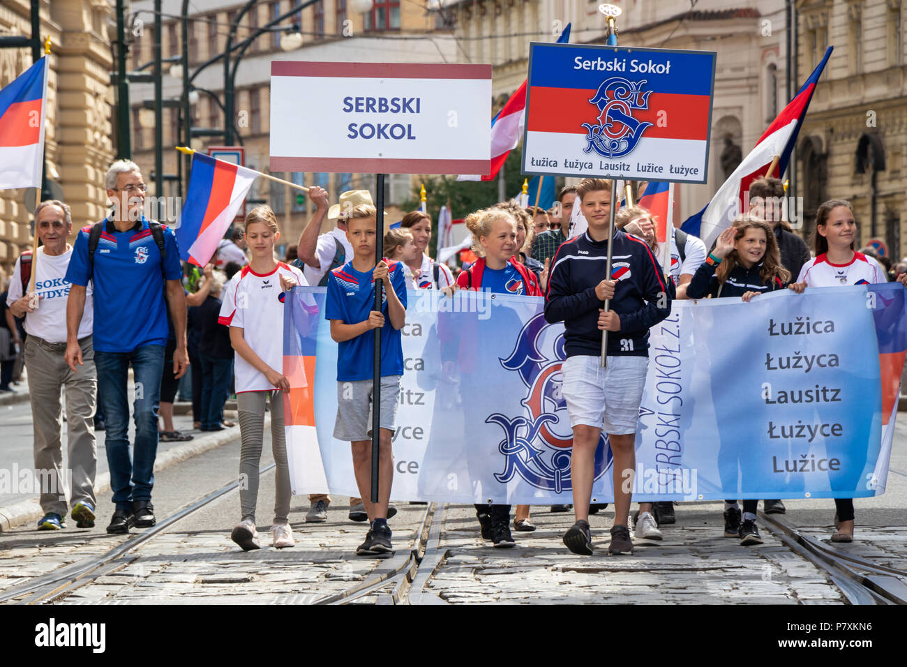 PRAGUE, CZECH REPUBLIC - JULY 1, 2018: Lusatian Sorbs parading at Sokolsky Slet, a once-every-six-years gathering of the Sokol movement - a Czech spor Stock Photo