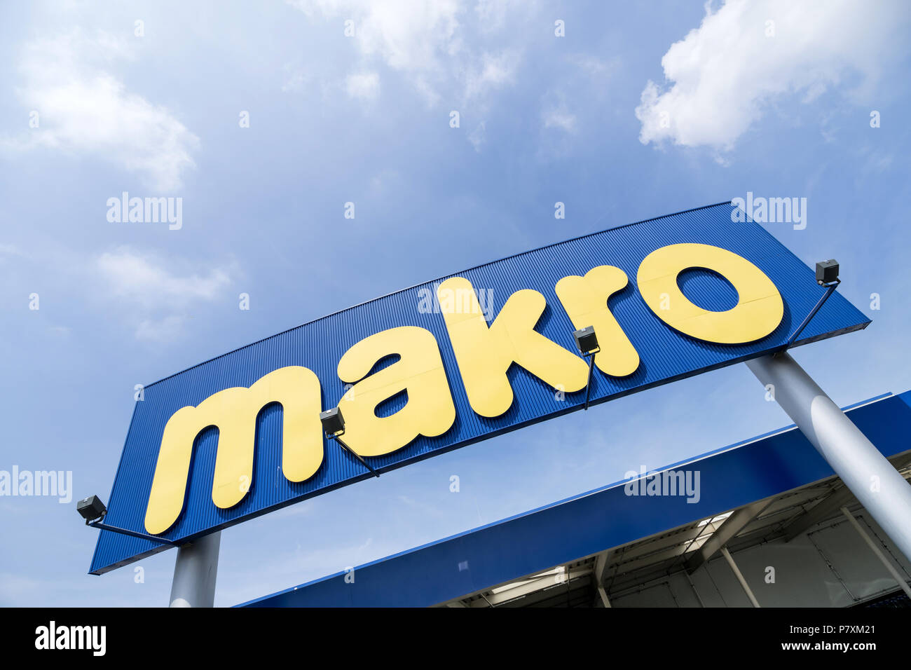 Makro sign at branch. Makro is an international brand of Warehouse clubs, also called cash and carries. Stock Photo