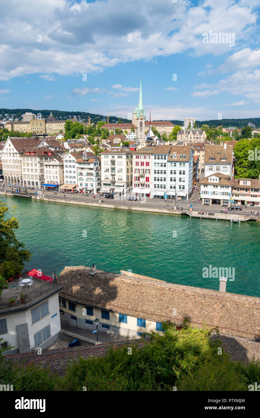 A view towards teh Kirchgemeinde zu Predigern, from the Lindenhof in Zurich, Switzerland Stock Photo