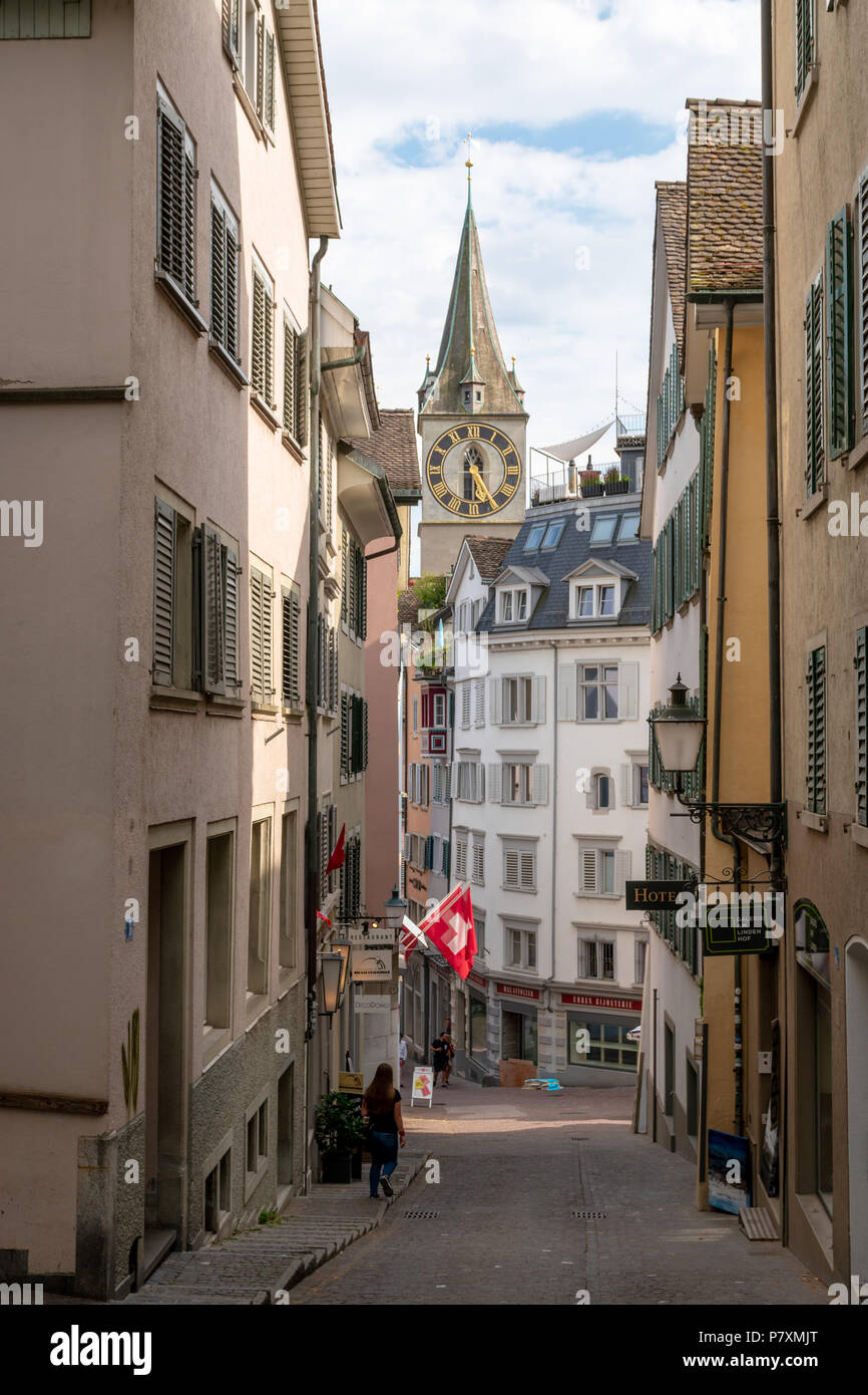 The clock tower of St Peter's in Zurich, as seen from the Lindenhof