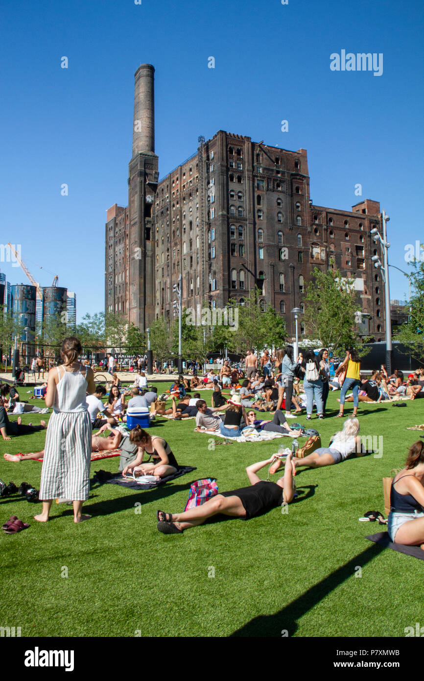 Domino Park is a 6-acre public park in the Williamsburg neighborhood of Brooklyn, New York City. Stock Photo