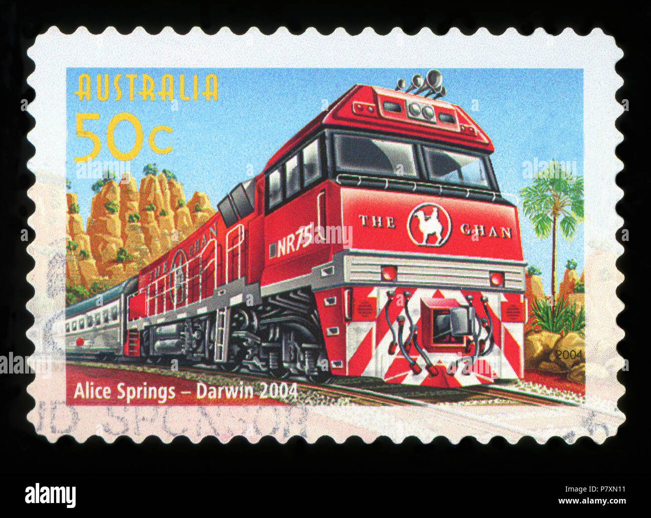 AUSTRALIA - CIRCA 2004: A used postage stamp from Austraia, celebrating The Ghan Passenger Train Service between Alice Springs and Darwin, circa 2004 Stock Photo