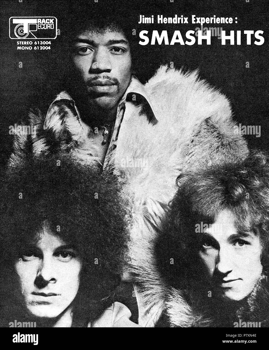 1968 British advertisement for the album Smash Hits by the Jimi Hendrix Experience on Track Records, showing Jimi Hendrix, Noel Redding and Mitch Mitchell. Stock Photo
