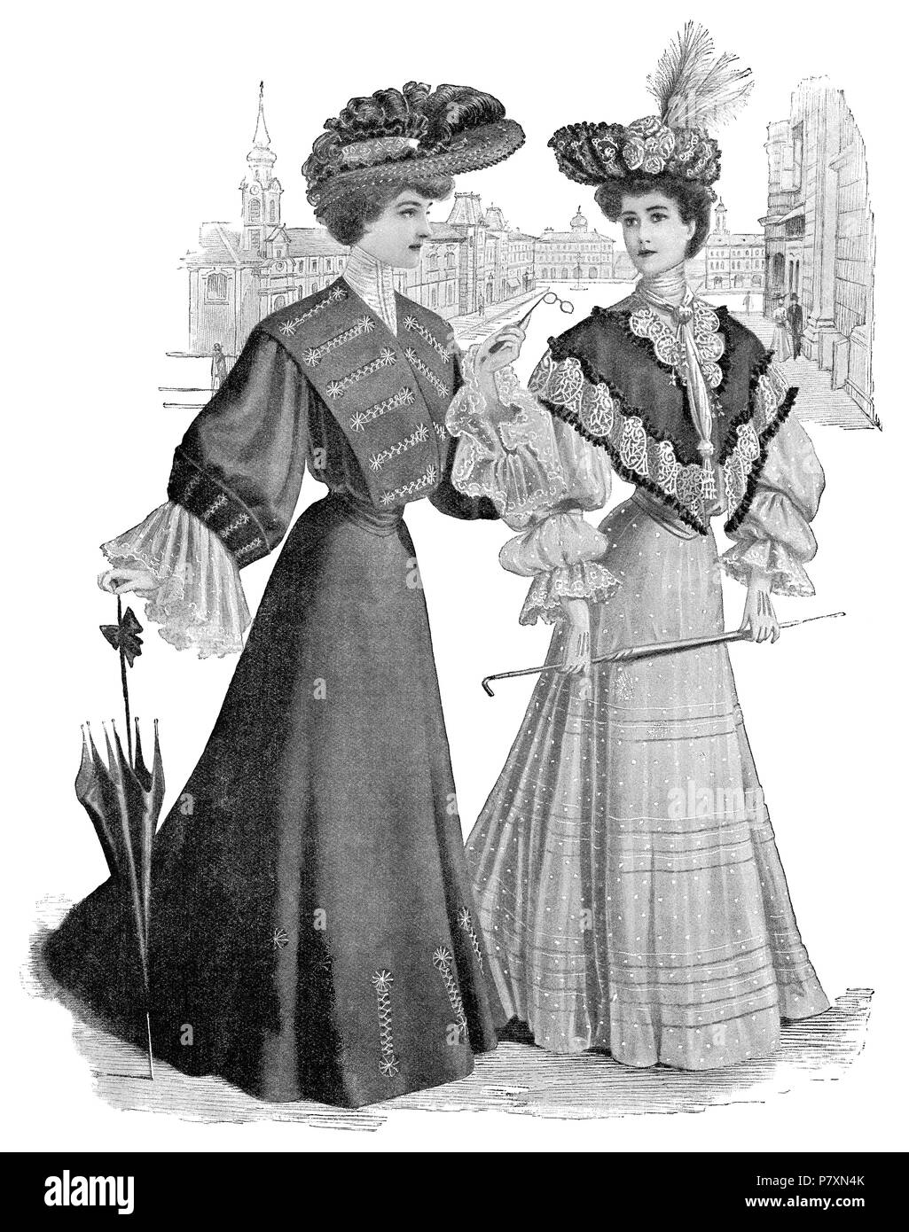 1904 vintage fashion illustration of two Edwardian ladies in day dresses. From The Girl's Own Paper, 30th July 1904. Stock Photo