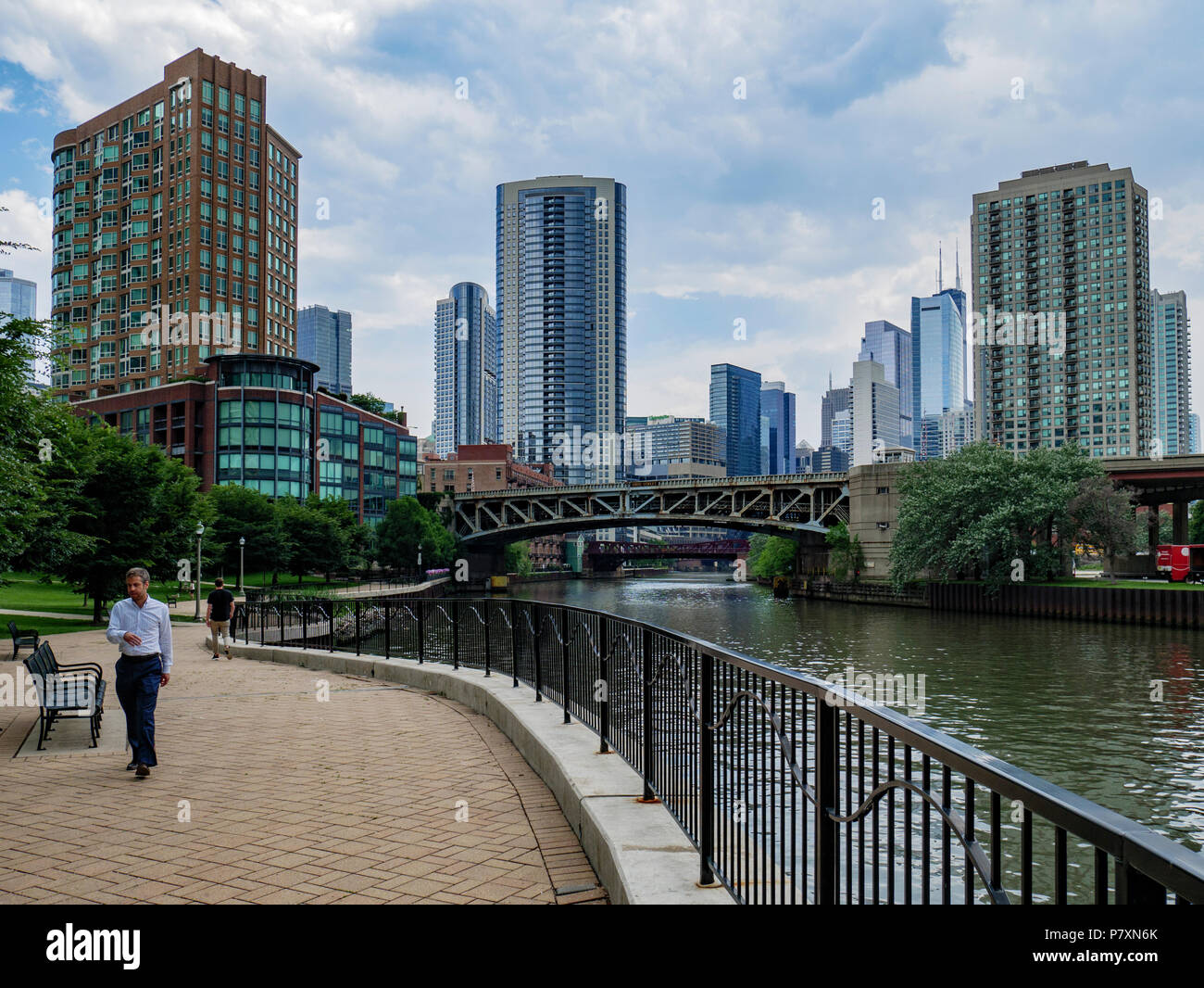 Downtown Chicago, the North Branch of hte Chicago River and Riverwalk. Stock Photo
