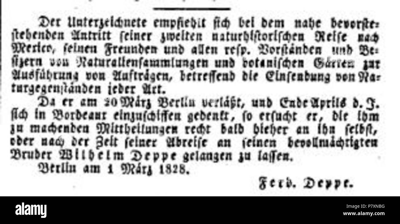 Deutsch: Anzeige Ferdinand Deppe . 14 March 1828 131 Deppe 1828 Stock Photo
