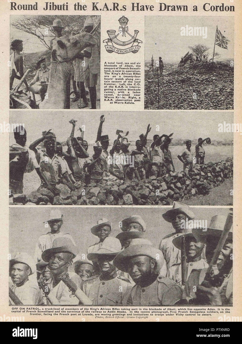 English: Page from a British army publication highlighting episodes of the Allied land blockade of Vichy-controlled French Somaliland, enforced primarily by the King's African Rifles (KAR) from British East Africa. Top, left: Chief Officer of the KAR is interrogating a native blockade runner; Top, right: A KAR observation post at Warre Kafule; Center: Free French Senegalese soldiers deployed on the frontier across from Loyada; and Bottom: a truckload of Tanganyikan soldiers of the KAR. 1941 134 Djibouti blockade 1941 Stock Photo