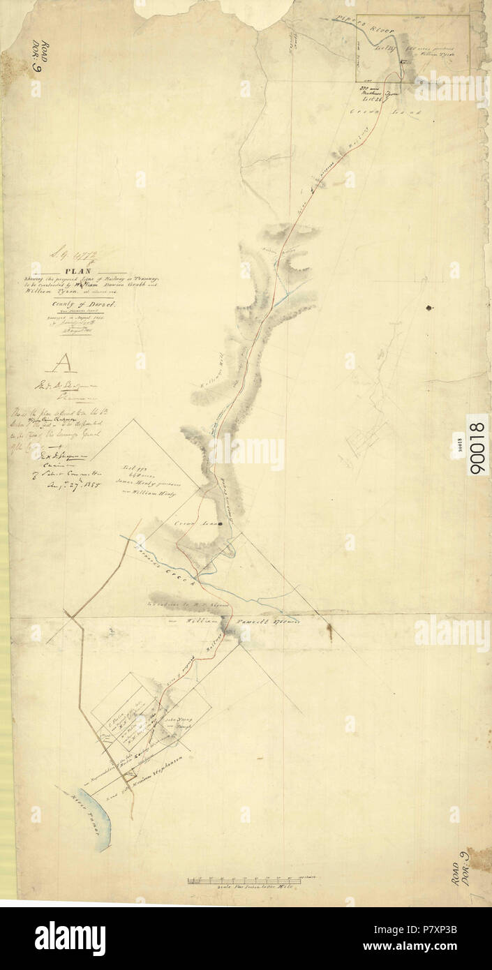 Map - Dorset Roads 9 - plan showing the proposed line of railway or tramway to be constructed by William Dawson Grubb and William Tyson, includes Tamar River, Barnard's River, Boucher's Creek, Piper's River, and various landholders, Surveyor James Scott 'PLAN showing the proposed line of railway or tramway to be constructed by William Dawson Grubb and William Tyson, as colored red. County of Dorset, Van Diemen's Land. Surveyed in August 1855 by James Scott, Launceston 16th August 1855. This is the plan referred to as the 6th ... of the ... to be ... in the office of the Surveyor General of the Stock Photo