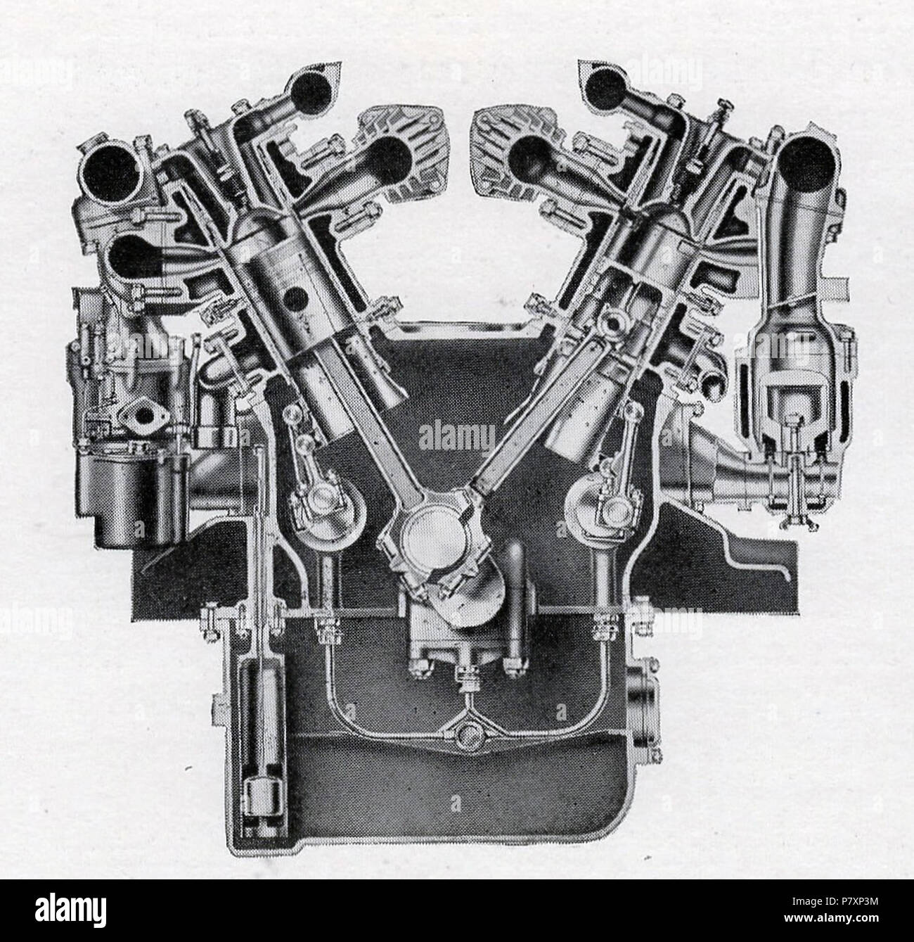 English: Section view of Daimler (Coventry) Double-Six 50hp sleeve-valve engine . 1 October 1928 135 Double-Six 50hp section view 1927-30 Stock Photo