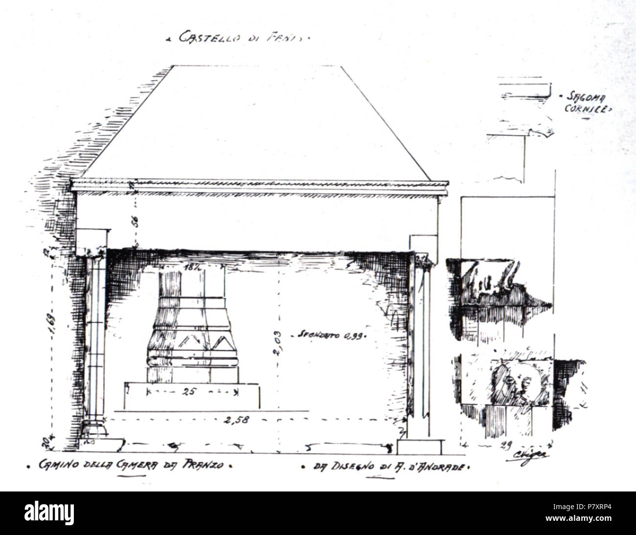 Disegno di Carlo Nigra (1856-1942) sulla base di un disegno o schizzo di Alfredo D'Andrade (1839-1915) Valle d'Aosta, Italia: castello di Fénis, camino della camera da pranzo . before 1942 158 Fig 144, castello di Fenis, camino della camera da pranzo, da schizzo d andrade, disegno Nigra Stock Photo