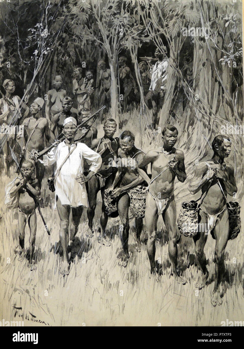 English: How the White Man Trades in the Congo, Bringing in Rubber and Hostages. Frederic de Haenen, Gouache and ink wash, 1906. Graphic Arts Collection. 19 August 2015 163 Frederic de Haenen, The Chicotte, 1906 Stock Photo