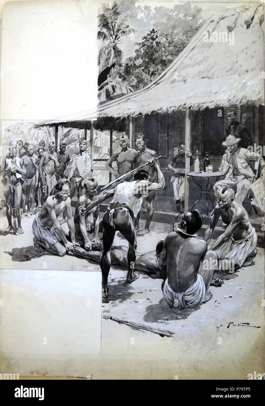 English: The Chicotte (The Whipping). Frederic de Haenen, Gouache and ink wash, January 1906. Graphic Arts Collection. 19 August 2015 163 Frederic de Haenen, How the White Man Trades in the Congo, 1906 Stock Photo