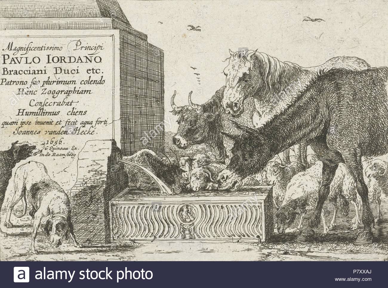 Animals at a fountain, Jan van den Hecke (I), 1656.