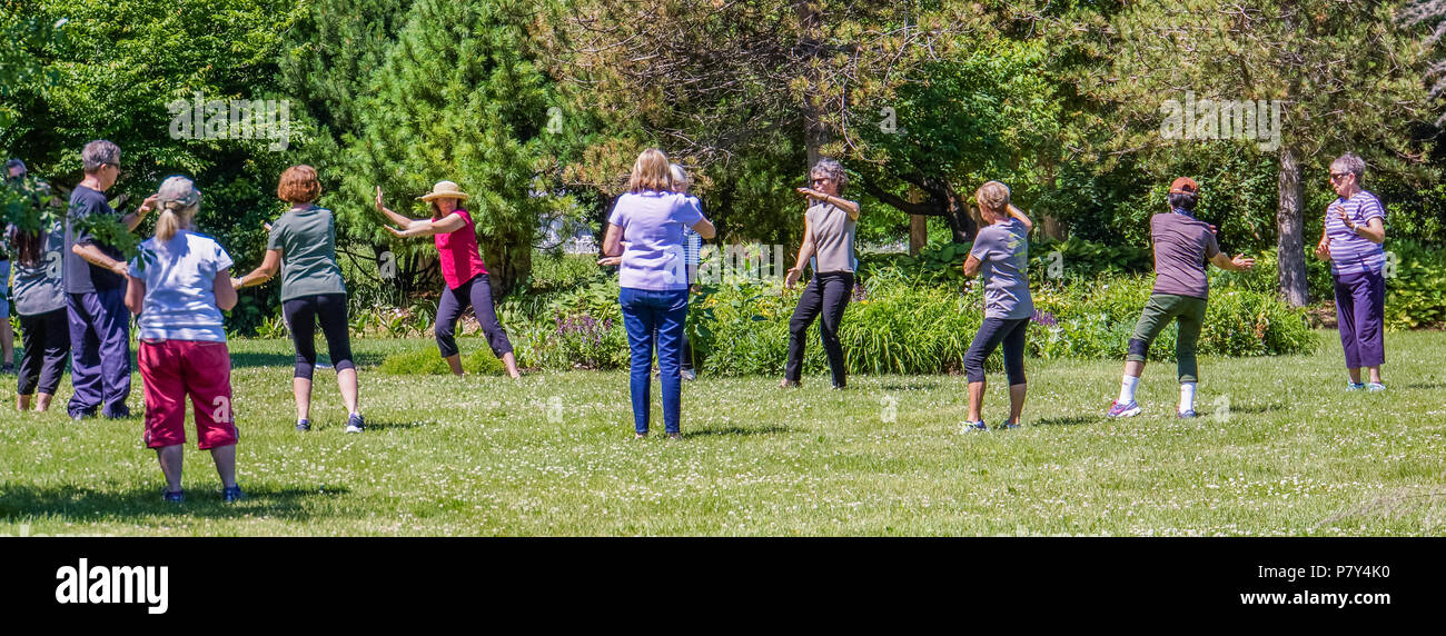 South Burlington, Vermont / USA - June 26 2018: community morning Tai Chi class being held in town park Stock Photo