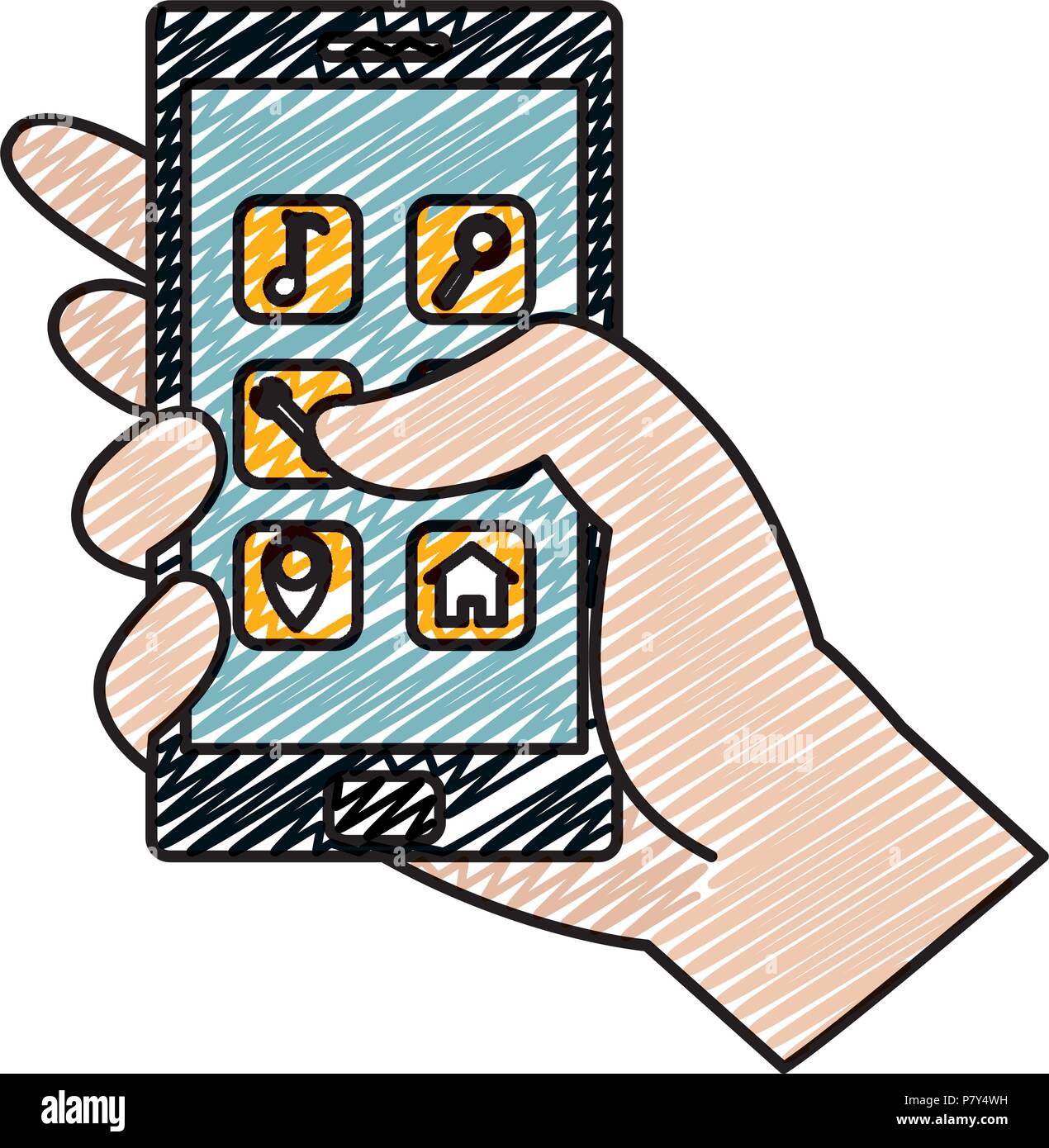 doodle smartphone technology with digitals apps icon Stock Vector