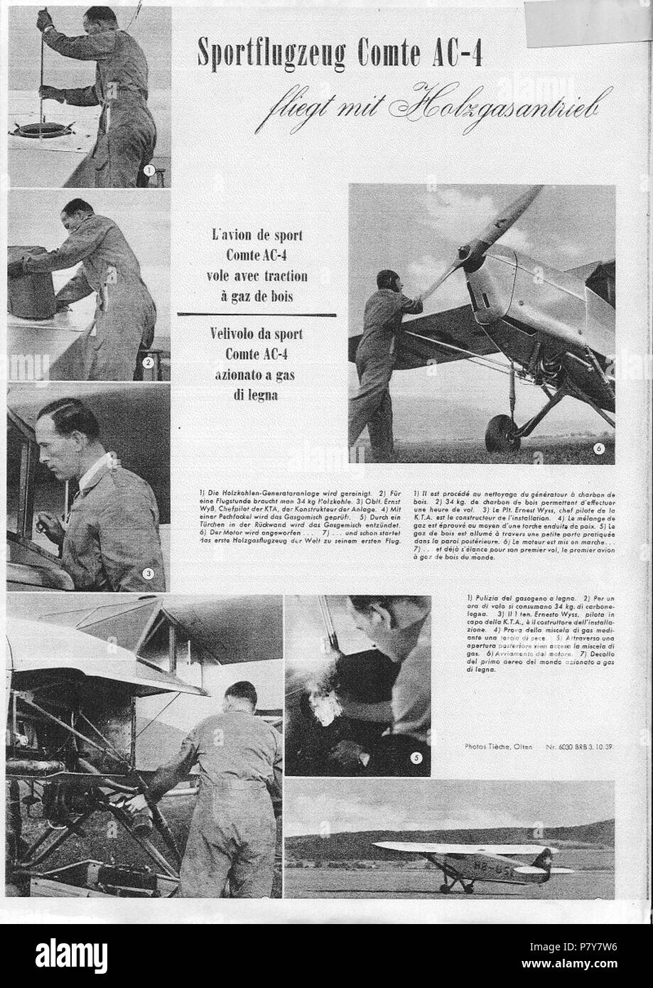 Redaktioneller Beitrag von 1939 über das erste Holzgasbetriebene Flugzeug (Comte AC-4) der Welt . 1939 195 Holzgas Comte AC-4 Stock Photo