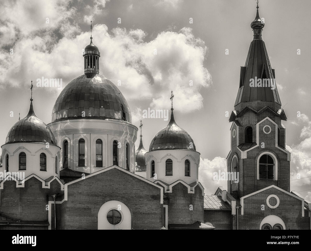 St. Andrew's Cathedral in Ust-Kamenogorsk. Religious architecture. Monochrome. Stock Photo