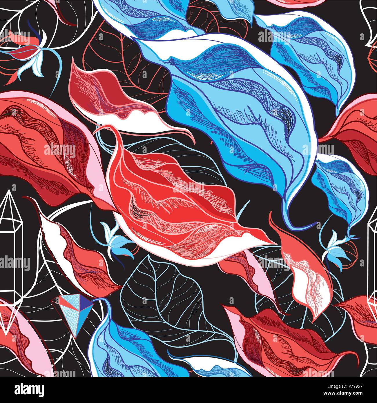 Seamless autumn pattern from leaves and buds on a black background ...