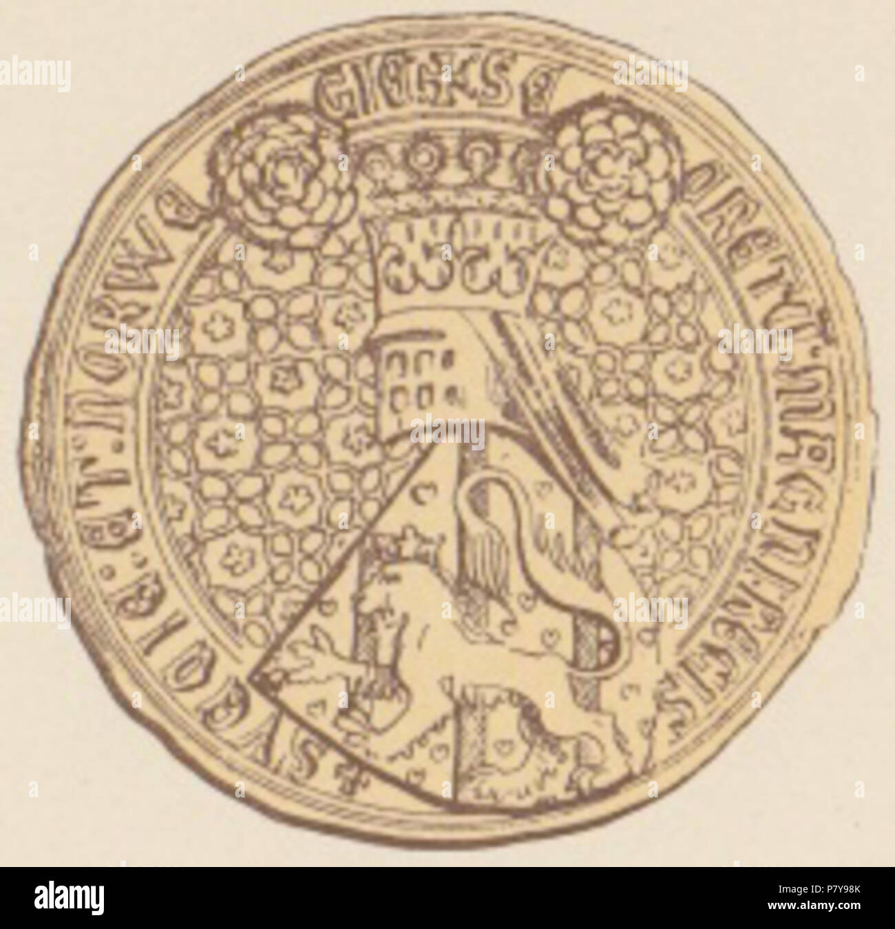 English: Seal of King Magnus VII of Norway/Magnus IV of Sweden, based on 28 documents, dated 1341–72. Text: ' SECRETUm : MAGNI : REGIS :  SVECIE : ET : NORWE/GIE'. Size: 60 mm. 4 August 2012 234 Kong Magnus Eriksson PI XVI 2 Stock Photo
