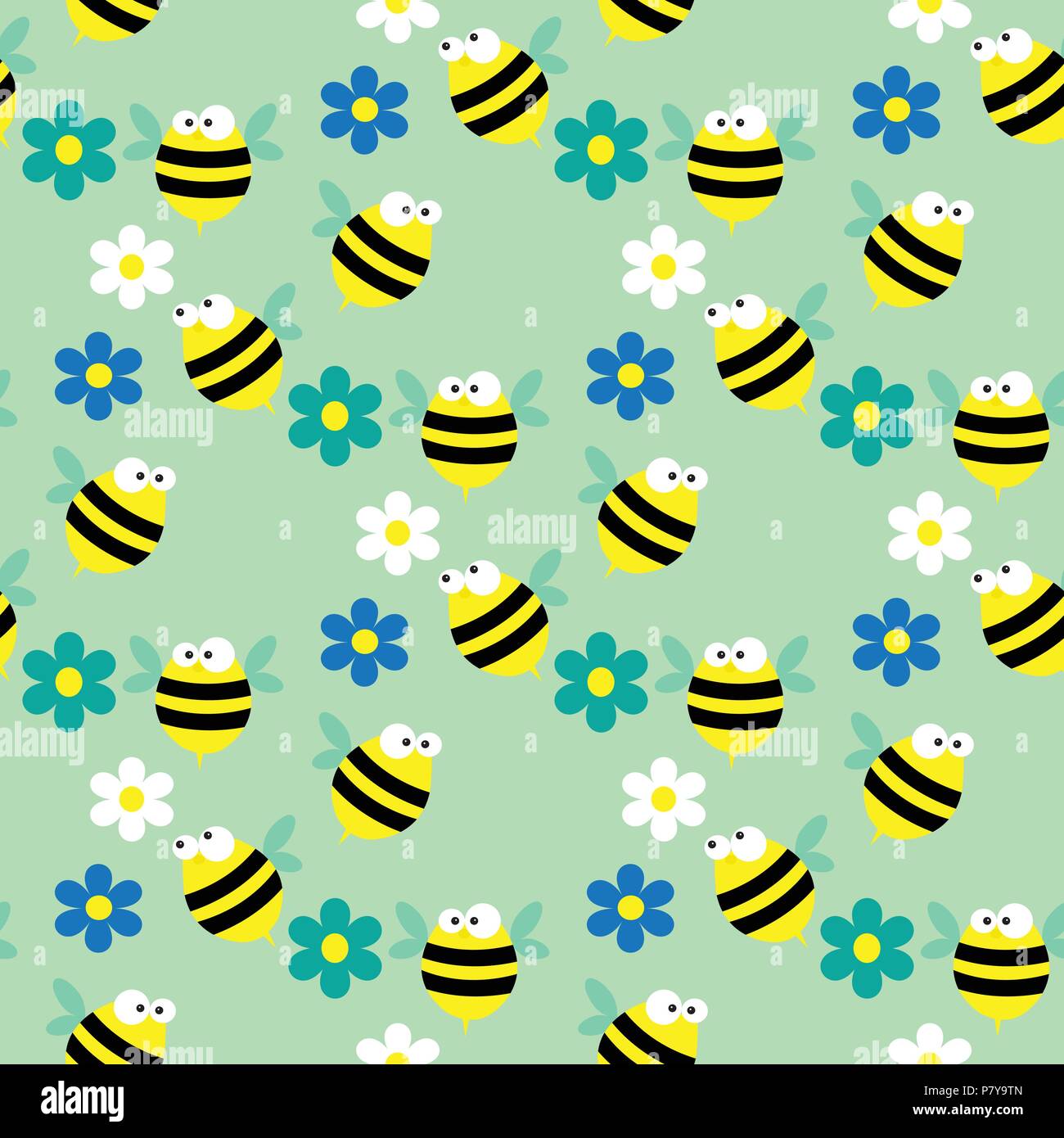 Seamless pattern with bees and flowers on the blue background Stock Vector