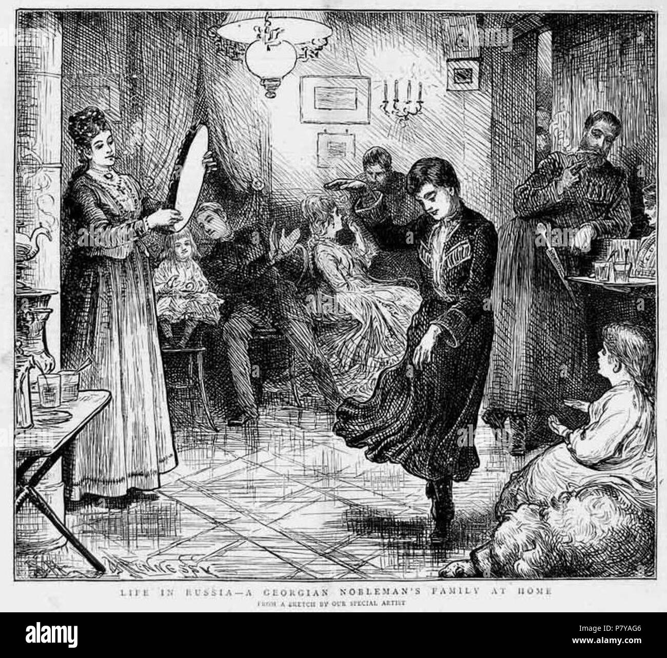 English: A Georgian noble family from the Imperial Russian times as illustrated in the 1874 edition of the British weekly The Graphic. 1874 247 Life in Russia - Georgian nobleman's family at home. The Graphic, 1874 Stock Photo
