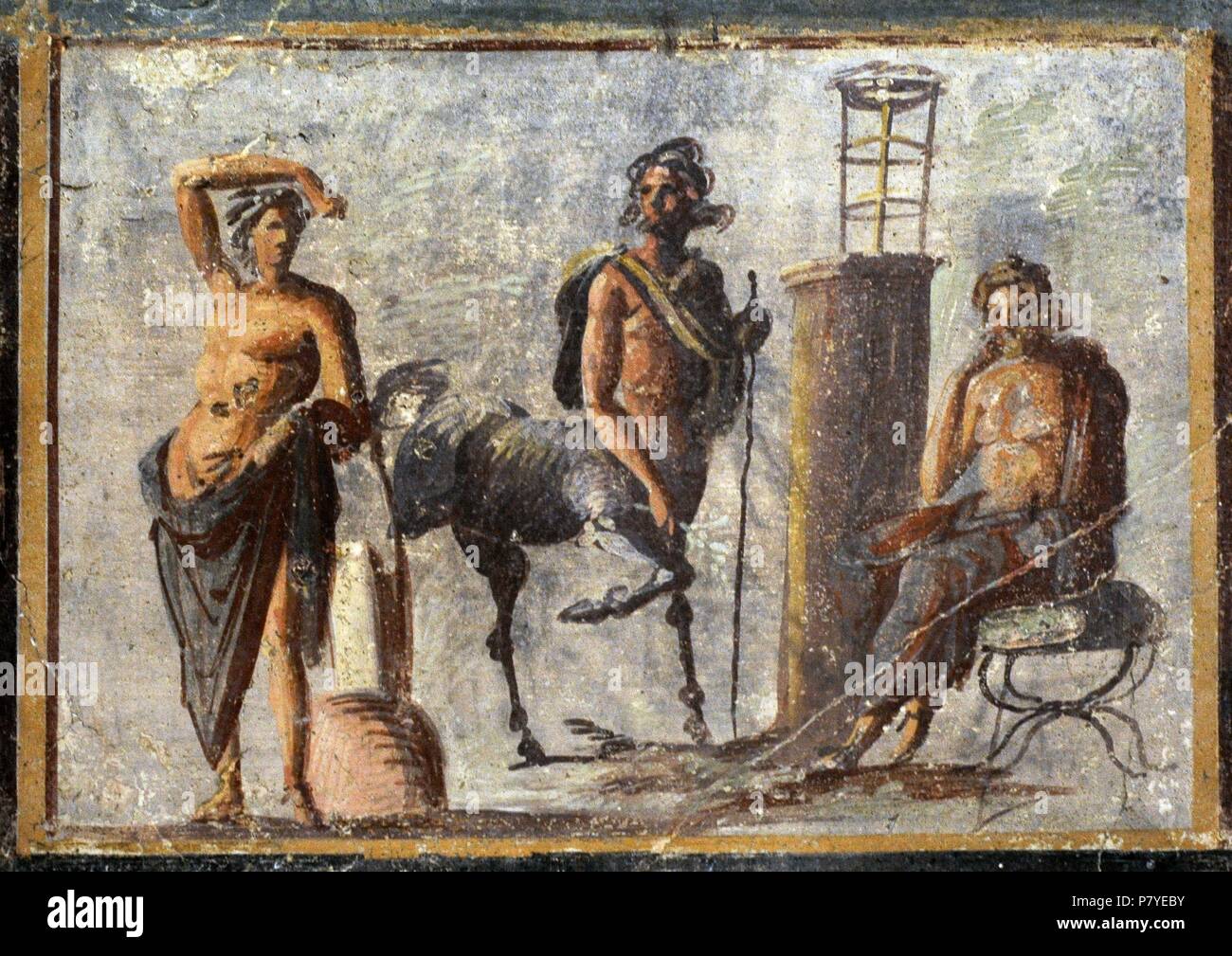 Fresco depicting Apollo, the centaur Chiron and Asclepius. Pompeii. National Archaeological Museum. Naples. Italy. Stock Photo